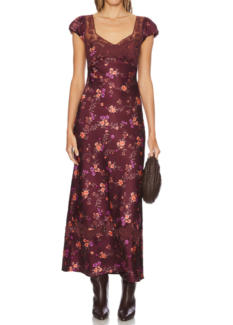 FREE PEOPLE Dress XS Butterfly Babe Maxi Floral Satin Cutout Back Boho Brown